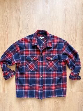Plaid Flannel Shirt Jacket - Red & Navy